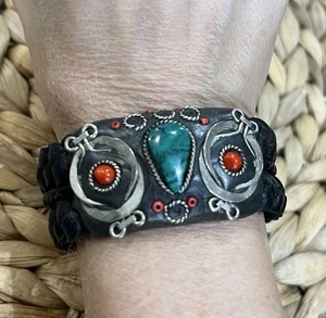 VTG Braided Leather Stainless Steel Malachite Coral Owl Bracelet Bird Lovers - Picture 1 of 9
