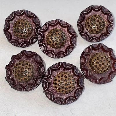 "Juego de 6 botones morados centrales de plástico vintage con malla metálica 3/4""" Foto 1 de 4