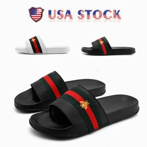 LADIES WOMENS FLAT STRIPED SLIDES SLIDERS SANDALS SUMMER MULES SLIPPERS SHOES - Picture 1 of 13