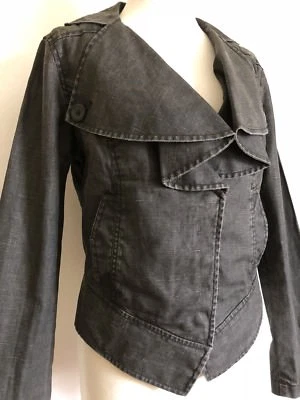 CAbi Charcoal Gray Moto Jacket Linen Women's Size Small Ruffle Waxed Jean Jacket - Image 1 of 4