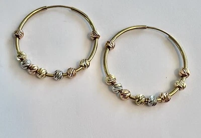 14 K Multicolor Yellow Gold Hoop Earrings With Diamond Cut Moveable Balls - Image 1 of 4