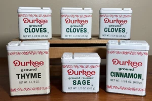 Lote de 6 latas de especias Durkee: tomillo, salvia, canela, 3 dientes, decoración de cocina vacía - Imagen 1 de 8