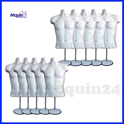 10 Pack Male Torso Mannequin Body Dress Form White Men 10 Stands + 10 Hangers - Image 1 of 4