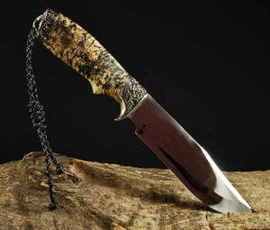UNIQUE CUSTOM HANDMADE KNIFE CANADIAN MAPLE BURL HANDLE *HUNTER* +LEATHER SHEATH - Bild 1 von 4
