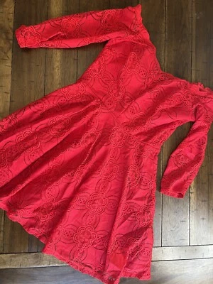 JODI KRISTOPHER FIT N FLARE RED LACE DRESS LINED 3/4 SLEEVE OFF SHOULDER SIZE 11 - Image 1 of 4