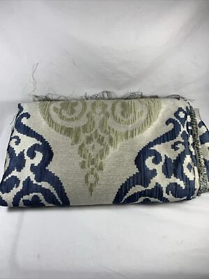 Navy Tan Blue Damask, Faux Silk Drapery Fabric- 54 inches, 2 yards - Image 1 of 4