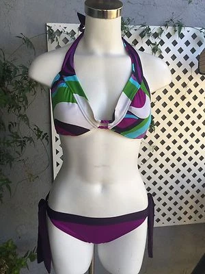 MOSSIMO Purple Green Blue Geometric Bikini Swimsuit Top & Bottoms Sz Sm  - Image 1 of 4