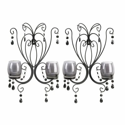 Beaded Candle Wall Sconce Pair with Smoky Glass - Image 1 of 2
