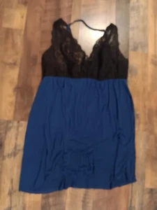 Cacique Nachtwäsche blau Babydoll Nachthemd schwarz Spitze Ausschnitt Größe 18/20 Baumwolle - Bild 1 von 3