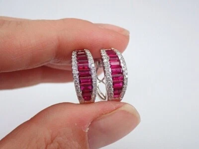 2Ct Baguette Cut Lab Created Red Ruby Half Hoop Earrings 14K White Gold Plated - Image 1 of 4