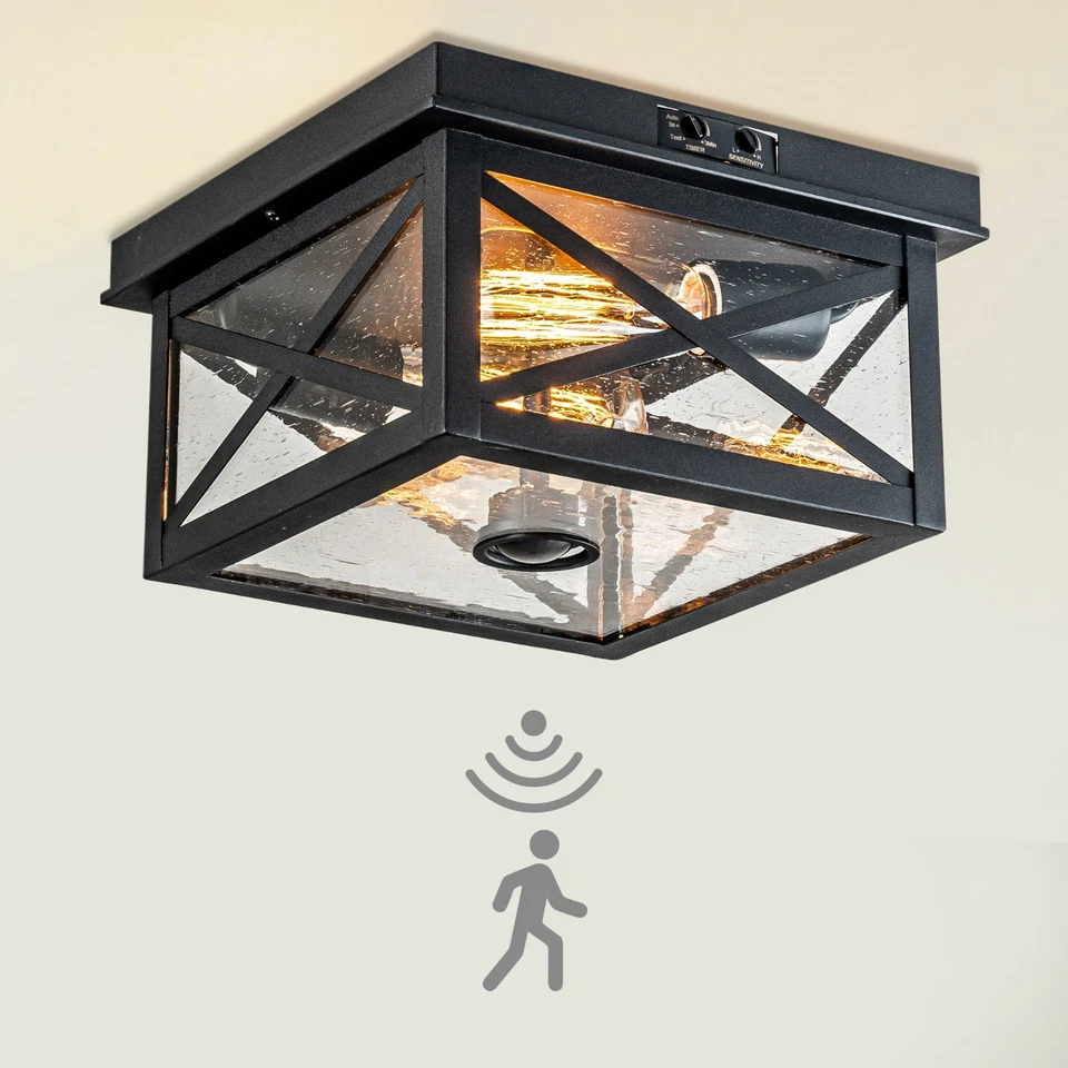 FTL Ceiling Light with Motion Sensor,Black Flush Mount Farmhouse Porch Light Ceiling