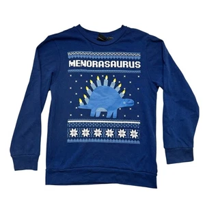 Menorasaurus Hanukkah Dinosaur Sweatshirt Size Large Kids Blue Yellow MAD ENGINE - Picture 1 of 5