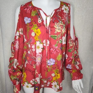 Boho top Med red floral artsy garden fairy open sleeve lightweight tie whimsy - Picture 1 of 7