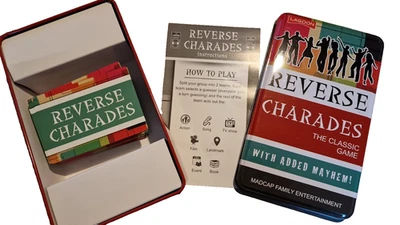 REVERSE CHARADES THE CLASSIC GAME WITH ADDED MAYHEM FOR AGES 8+ IN A STORAGE TIN - Image 1 of 2
