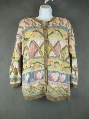 Maurices Sweater Women Medium Hand Knit Bobble Cardigan Hearts Floral Chunky 90s - Image 1 of 4