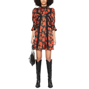 The Kooples Abstract Roses Jacquard Mini Dress Black Red Lace Puff Sleeve US 8 - Picture 1 of 14