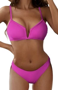 ZAFUL Women's High Cut Bikini Sets Ribbed V-Wire Cami Bikini Two Piece Swimsuit - Picture 1 of 10