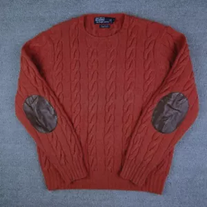 Polo Ralph Lauren 100% Cashmere HAND KNIT Elbow Patches Red Rust Chunky THICK - Picture 1 of 5