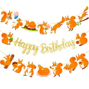 Squirrel Birthday Party Banners 3Pcs Squirrel Birthday Decorations Gold Glitt... - Picture 1 of 8