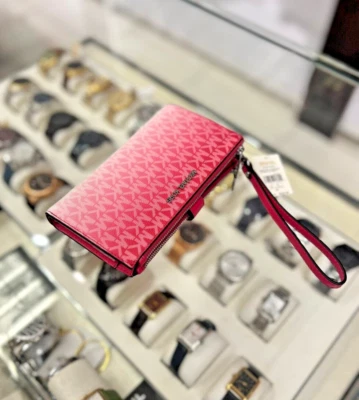 Michael Kors Rosa Soporte de Identificación de Teléfono Doble Cremallera Billetera Bolso sin asas Muñequera MK Signature Foto 1 de 4