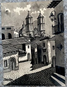 F Palestino Schwarz Weiß Tusche Wasch Gemälde Stadtbild Kunst Kirche Santa Prisca - Bild 1 von 15