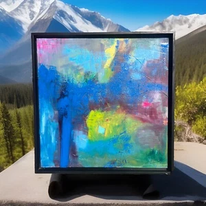 Pintura al óleo abstracta original MBollen con marco negro de lados profundos azul verde - Imagen 1 de 8