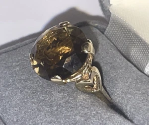 SALE Vintage 14k Yellow Gold 7 carats Smoky Quartz Ring Heart Theme S 6 - 5.5 gr - Picture 1 of 24