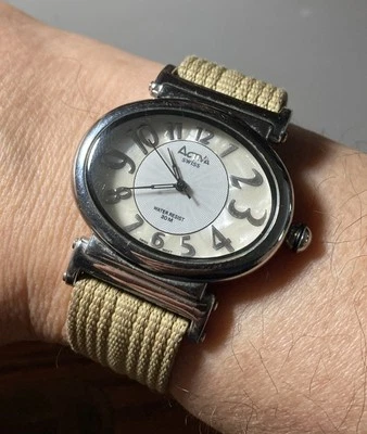 ACTIVA SWISS Ladies Watch New Battery Wide Silver Oval Case Tan NATO Band WR30M - Image 1 of 4