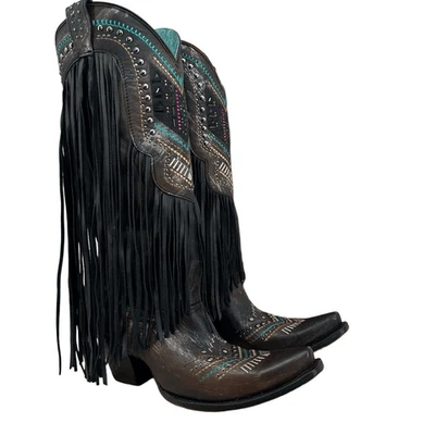Corral Womens 7 Embroidery Crystals Lamb Fringe Tall Boots C4078 Cowgirl Western - Image 1 of 4