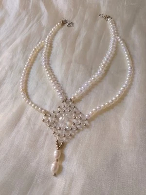 Gemstones Necklace Vintage Victorian Handmade Freshwater pearls pendant Crystal - Immagine 1 di 4