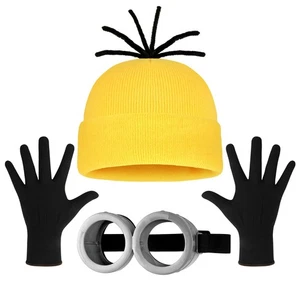3 Stück Halloween Steampunk Brille gelb Beanie schwarz Handschuhe Cosplay Set - Bild 1 von 6