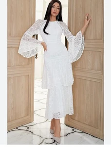 Dress White Formal Size 6-8 Lace Style Long Sleeve Mid Calf Length - Picture 1 of 2