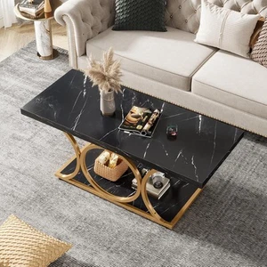 Allan 47.2 in. Black Gold Rectangle Wood Coffee Table, 2-Tier Faux Marble Coffee - Picture 1 of 7