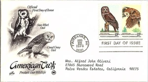Wildlife Conservation American Owls Saw-Whet Great Grey 1978 First Day Cover - Picture 1 of 1