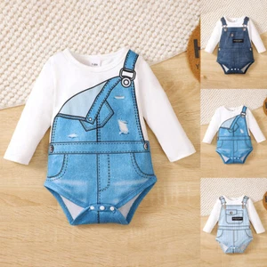 Newborn Baby Boys Denim Look Jumpsuit Bodysuit Romper Long Sleeve Clothes Set US - Picture 1 of 17