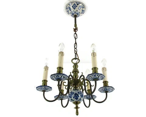 Dutch Delft Blue White Chandelier Porcelain Ornate Bronze 6 Lights Arm Marked Cover