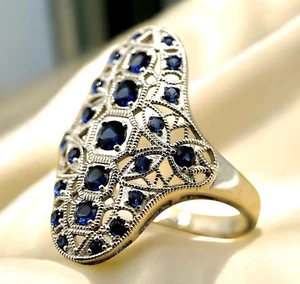 VINTAGE STYLE SIMULATED SAPPHIRE 925 STERLING SILVER RING RHODIUM PLATED 1779 - Picture 1 of 3