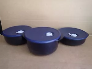 Lotto di 3 ciotole rotonde Tupperware Vent-N-Serve blu indaco - belle - Foto 1 di 8