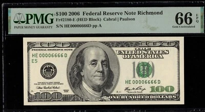2006 $100 FRN HE00006666D P.M.G #66EPQ - Image 1 of 3