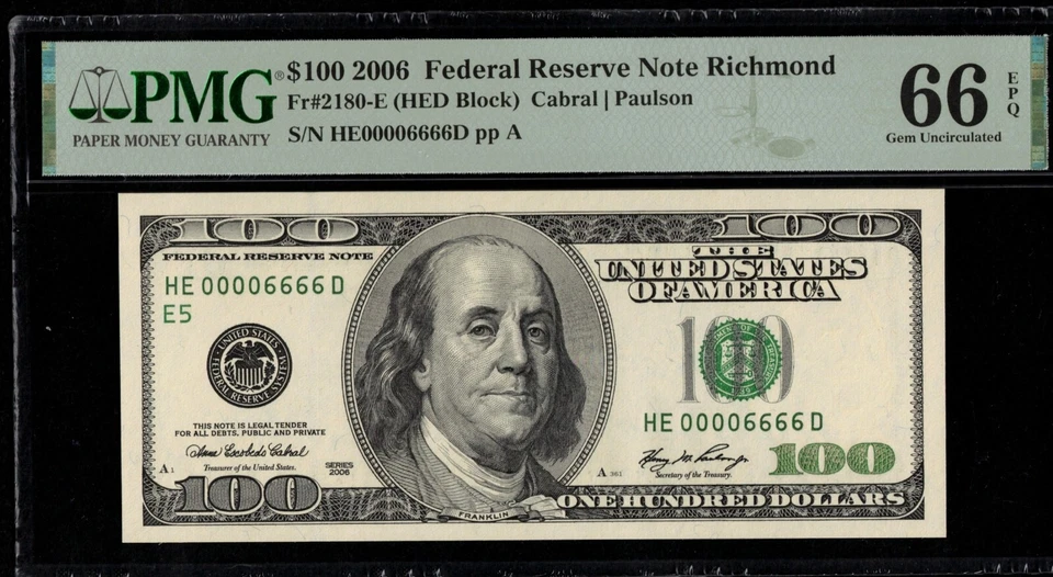 2006 $100 FRN HE00006666D P.M.G #66EPQ - Image 1 of 3