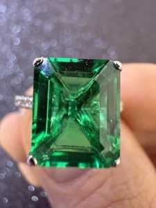 18K White Gold Ring Lab Grown Emerald Colorstone Diamond Hidden Halo Ring - Picture 1 of 11