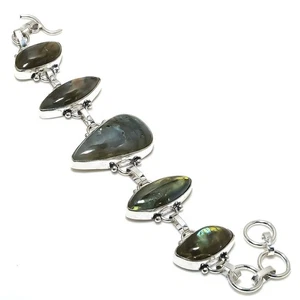 Brazalete de plata de ley 925 con piedras preciosas de labradorita natural 7-8" q890 - Imagen 1 de 6
