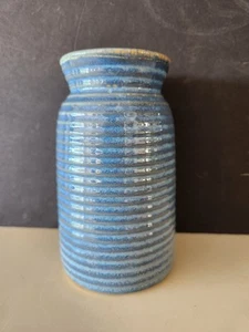 Handgeworfen Studio Kunst Keramik gerippte Struktur Vase blaue Glasur Vintage - Bild 1 von 7