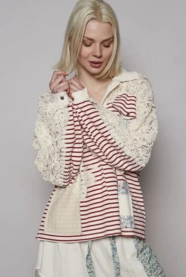 New POL Red White Striped Long Sleeve With Lace perfect for Holiday Shirt Large - Image 1 of 3