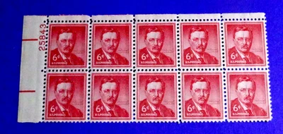 US 1039 T. ROOSEVELT 6c STAMP (WET PRINTING) 1955 PLATE# BLOCK OF "10" FAIR BUY! - Image 1 of 2