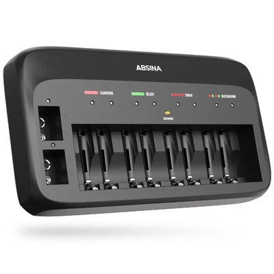 ABSINA X10 Akkuladegerät für AA, AAA & 9V - Batterieladegerät für NiMH Akkus - Bild 1 von 4