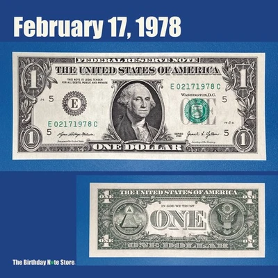 February 17, 1978 Birthday Anniversary $1 One Dollar Bill Serial Number 02171978 - Image 1 of 2