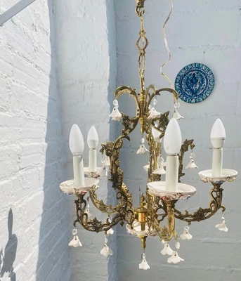 Lámpara de araña de porcelana 29 x 19" W Capodimonte Manises vela rosa floral blanca Foto 1 de 4