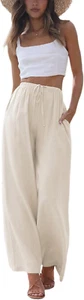 Women'S Cotton Linen Summer Palazzo Pants Flowy Wide Leg Beach Trousers with Poc - Picture 1 of 7