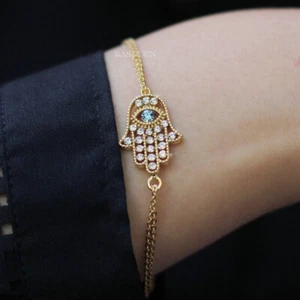 Blue Evil Eye Hamsa Hand made with Swarovski Crystal Jewish Fatima Gold Bracelet - Picture 1 of 3